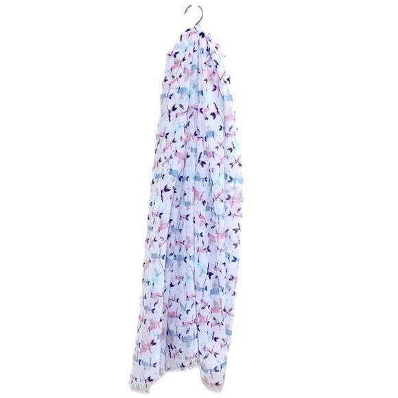 ANTHROPOLOGIE SCARF HUMMING BIRDS PRINTED SHAWL WHITE PINK BLUE. - Picture 2 of 7